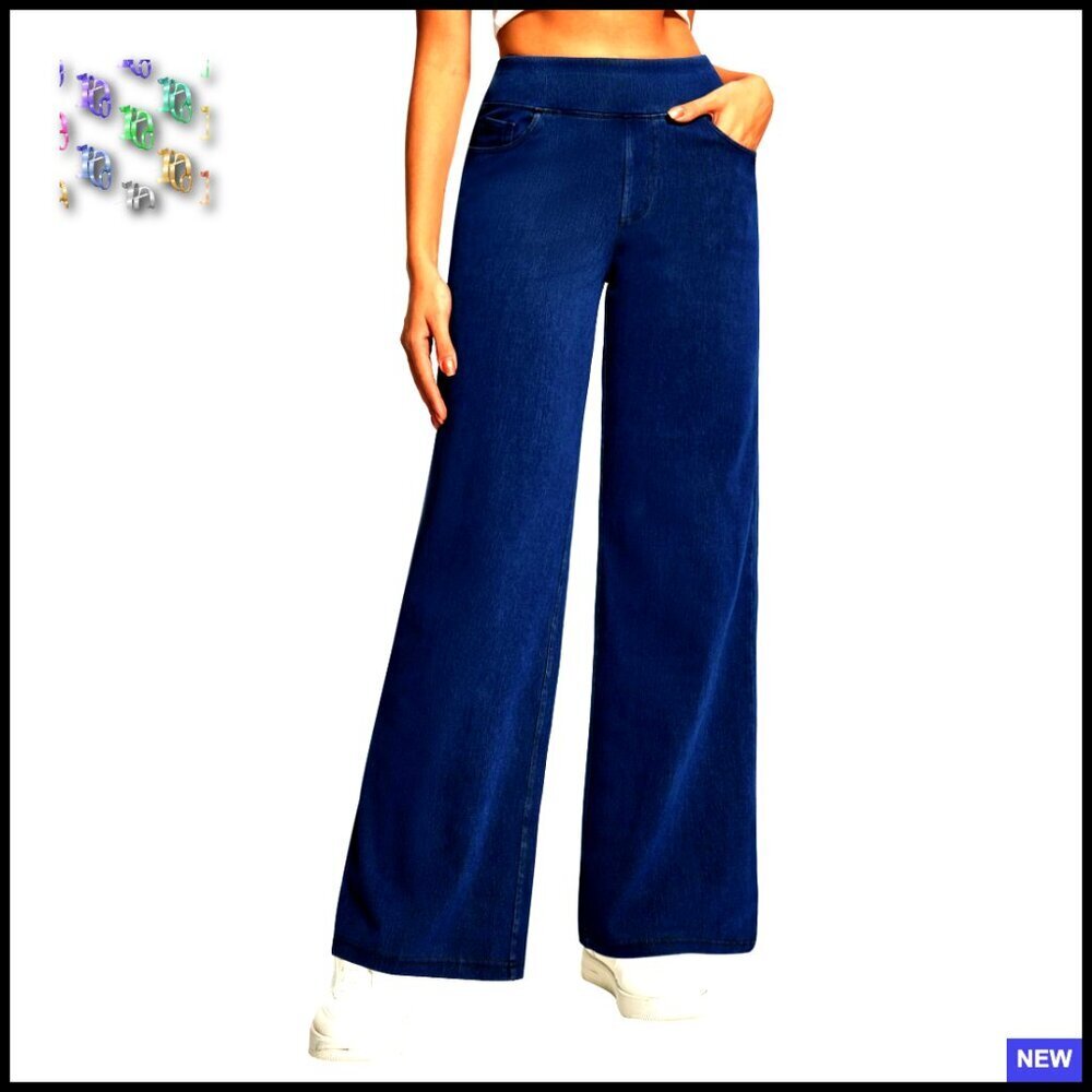 Wide Leg Pull On Jeans High Waist Stretchy Denim Baggy Straight Leg Pants